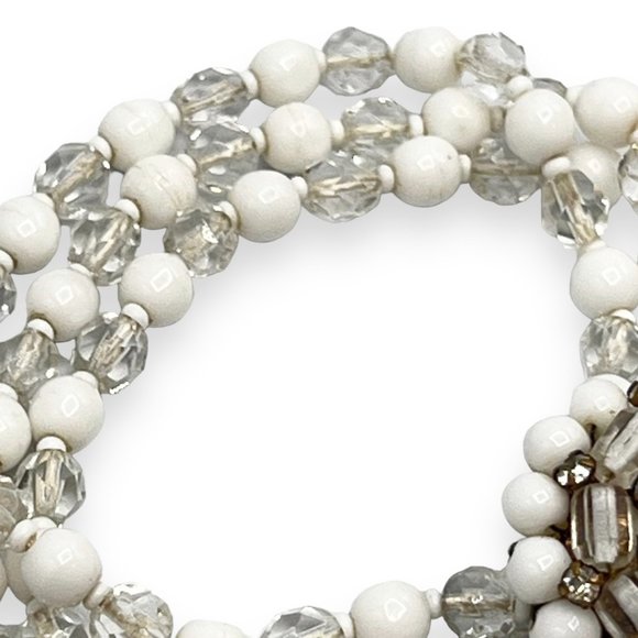 Vtg White Milk Glass & Faceted Crystal Bead Multi-Strand Bracelet w/Fancy Clasp - Picture 4 of 8